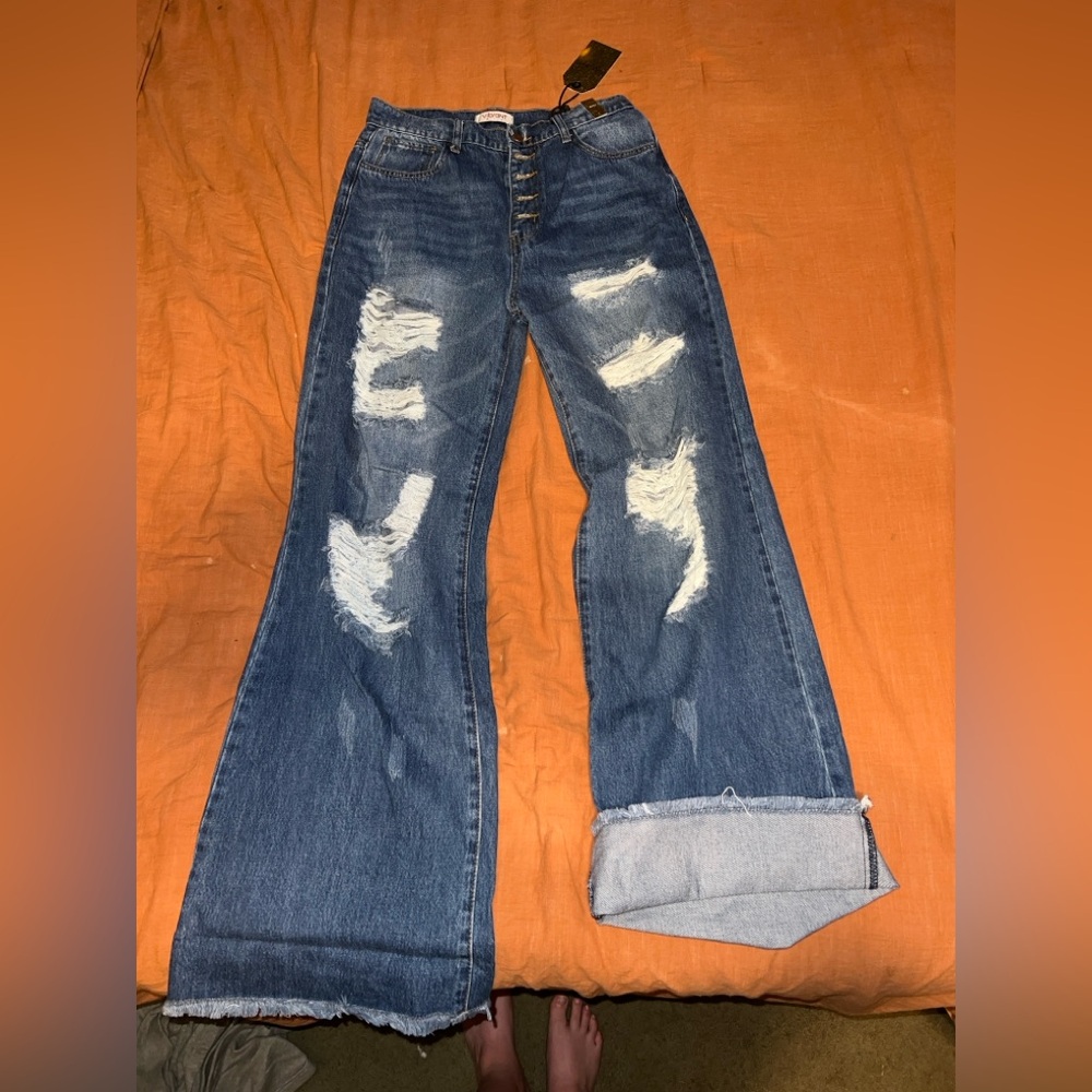 Vibrant Blue Distressed Wide Leg Jeans
